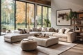 Modern living room interior with panoramic windows in luxury house Royalty Free Stock Photo