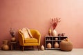 Modern living room interior. Peach color empty wall with copy space. Monochrome empty room with boho decor, yellow chair and Royalty Free Stock Photo