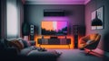 Modern Living Room Interior with Sofa and Television with Neon Lights, Minimalist Decor, Generative AI