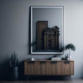 Modern Living Room Interior, Rustic Cabinet Near Wall, Mock Up Art Frame, Generative AI