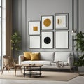 Modern living room interior with sofa, armchair, coffee table, plants, and framed wall art in a minimalist design Royalty Free Stock Photo