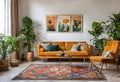 Modern interior design with sofa and three frames on clear wall with lots of plants Royalty Free Stock Photo