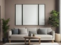 Modern living room interior with sofa and blank triptych wall art frame, coffee table, and decorative plants Royalty Free Stock Photo