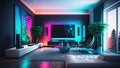 Modern Living Room Interior with Sofa and Television with Neon Lights, Minimalist Decor, Generative AI