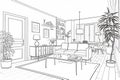 Modern living room interior. Black and white illustration created with generative AI technology