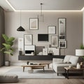 Modern living room interior with stylish furniture, gallery wall, and indoor plants. Cozy home decor concept Royalty Free Stock Photo