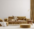 Modern living room interior with stylish velvet sofa, beige carpet and golden floor lamp