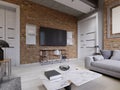 Modern living room interior, tv mounted on brick wall with black screen