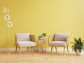 Modern living room interior with two armchair and decor on bright yellow wall Royalty Free Stock Photo