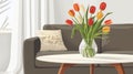 Modern Living Room Interior with Vibrant Tulips on Coffee Table. Royalty Free Stock Photo