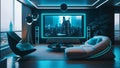 Modern Living Room Interior with Sofa and Television with Neon Lights, Futuristic Decor, Generative AI