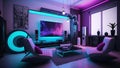 Modern Living Room Interior with Sofa and Television with Neon Lights, Futuristic Decor, Generative AI