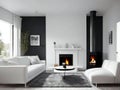 Modern living room interior with white furniture, fireplace, and minimalistic decor Royalty Free Stock Photo