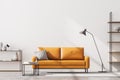 Modern living room interior, white wall. Yellow 2 sitter sofa with stripe cushion, coffee table, shelves and lamp. Concrete floor