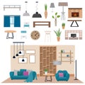 Modern living room interior with wood floor apartment furniture vector illustration. Royalty Free Stock Photo