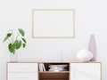 Modern living room interior with a wooden dresser and a horizontal poster mockup, 3D render