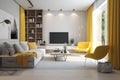 Modern living room interior with yellow details. Yellow armchairs and elements in bright stylish living room. Apartment desing in Royalty Free Stock Photo