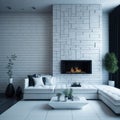 Modern Living Room Interrior, Cozy Sofa With Pillows Infront Of Wall With Decorative Stone and Fireplace, Soft Light, Royalty Free Stock Photo