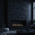 Modern Living Room Interrior, Wall With Decorative Stone and Fireplace, Soft Light, Generative AI Royalty Free Stock Photo