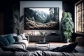 Modern living room with a large painting and plants. Real estate. Real estate agent. Interior decorator. Beautiful lights. Royalty Free Stock Photo