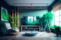 Modern living room with a large television and plants. Green walls. Real estate. Real estate agent. Interior decorator. Beautiful Royalty Free Stock Photo