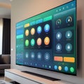 A modern living room with a large wall-mounted flat-screen displaying a smart home control interface. Royalty Free Stock Photo