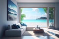 Modern living room lounge with great view through large open window tropical beach paradise Royalty Free Stock Photo