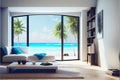 Modern living room lounge with great view through large open window tropical beach paradise Royalty Free Stock Photo