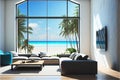 Modern living room lounge with great view through large open window tropical beach paradise Royalty Free Stock Photo