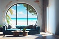 Modern living room lounge with great view through window tropical beach paradise Royalty Free Stock Photo