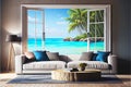 Modern living room lounge with great view through window tropical beach paradise Royalty Free Stock Photo