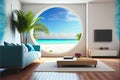 Modern living room lounge with great view through window tropical beach paradise Royalty Free Stock Photo