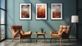 modern living room with luxurious chairs, modern abstract painting, two stylish chairs in a stylish hip setting. The background is