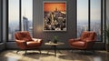 modern living room with luxurious chairs, modern abstract painting, two stylish chairs in a stylish hip setting. The background is