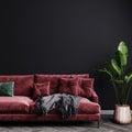 Modern living room luxury interior design mock up with dark red sofa and plant, empty dark gray wall mockup, living room interior Royalty Free Stock Photo