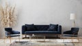 Modern living room mock up with dark blue sofa, armchairs near coffee table, modern rug, floor lamp and empty gray wall, luxury Royalty Free Stock Photo
