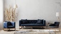 Modern living room mock up with dark blue sofa, armchairs near coffee table, modern rug, floor lamp and empty gray wall, luxury Royalty Free Stock Photo