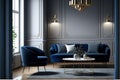 modern living room mock up with dark blue sofa, armchairs near coffee table, modern rug. Generative AI Royalty Free Stock Photo