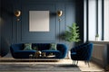 modern living room mock up with dark blue sofa, armchairs near coffee table, modern rug. Generative AI Royalty Free Stock Photo