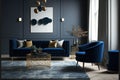 modern living room mock up with dark blue sofa, armchairs near coffee table, modern rug. Generative AI Royalty Free Stock Photo