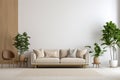 A modern living room mockup with an empty wall and a comfortable beige sofa with pillows. Indoors plants create comfort. 3d