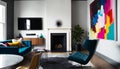 A modern living room with molding painting art, fireplace, sofa, chair and a wall-mounted TV.