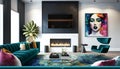 A modern living room with molding painting art, fireplace, sofa, chair and a wall-mounted TV.