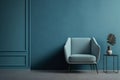 Modern living room with monochrome dusty blue empty wall. Contemporary interior design with trendy wall color and chair. Royalty Free Stock Photo