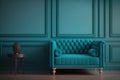 Modern living room with monochrome teal blue empty wall. Contemporary interior design with trendy wall color and sofa. Generative Royalty Free Stock Photo