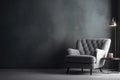 Modern living room with monochrome textured grey empty wall for mock up. Contemporary interior design with trendy wall color and Royalty Free Stock Photo