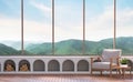 Modern living room with mountain view 3d rendering image Royalty Free Stock Photo