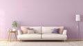 modern living room with pastel lilac wall, leather sofa, and table. stylish Interior. generative ai