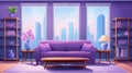 Modern living room with purple furniture and curtains on panoramic window. Vector cartoon illustration of empty lounge interior