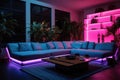 Modern living room with purple LED lighting and contemporary furniture Royalty Free Stock Photo